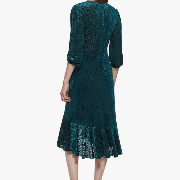 Calvin Klein Dark Green Burnout Velvet Faux Wrap Dress with Flounce Hem - NWT 8 - Picture 3 of 15
